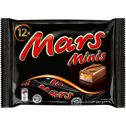 Schwarze mars minis schokoladenriegel packung 227g mit glänzendem finish und roter goldener markenkennzeichnung