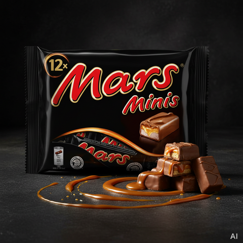 Eine schwarze packung mars minis schokoriegel mit glänzendem finish rot-goldenem branding 227g