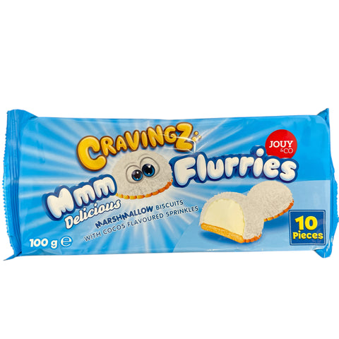 Blauer cravingz flurries marshmallow biscuit mit kokos 100g mit cartoon-gesicht und weißen fluffigen marshmallows