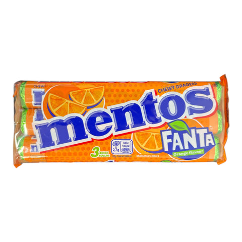 Mentos fanta 112.5g orangengeschmack kaubar bonbons in orange blauem verpackung mit zitrusscheiben grafik