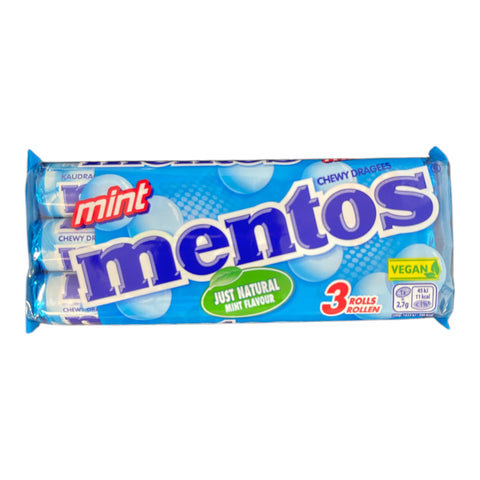 Blauer mentos mint bonbonpack mit weißen und grünen akzenten und glänzendem verpackungsdesign
