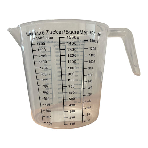 Transparenter kunststoff messbecher 1500ml mit schwarzen skalen für liter milliliter gramm und unzen