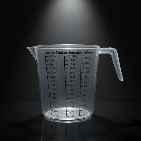 Transparenter kunststoff messbecher 1500ml mit mehreren skalen für milliliter und gramm zum abmessen trockener zutaten