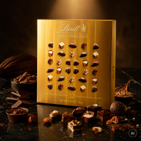 Goldene lindt mini pralines box mit 32 gemischten schokoladen in elegantem design mini pralines gold 155g