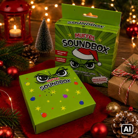 Grüne muffel soundbox aus karton mit cartoon grinch gesicht, weihnachtlicher mütze und festlichen ornamenten