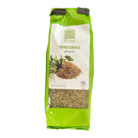 Grüner plastikbeutel ecco food oregano gerebelt gemahlen gewürzt für kochen und backen