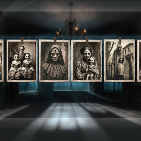 Papiergirlande gruselige fotos mit sepiafarbenen vintage horrorbildern auf dunkler wand in 300x23x16 cm