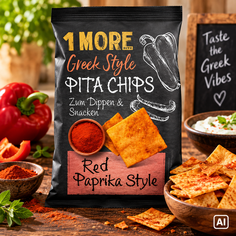 Schwarze tasche mit 1 more bite griechischen pita chips in roter paprika variante mit tafeltext und illustrationen
