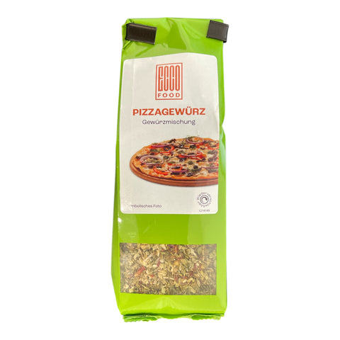 Grüne ecco food pizzagewürz 25g packung mit durchsichtigem fenster zeigt getrocknete kräuter und gewürze