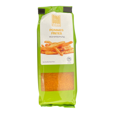 Grüne tüte gdo food pommes frites würzmischung 100g mit orangefarbenem puder sichtbar durch durchsichtiges fenster
