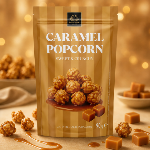 Popcorn caramel 90 g mit goldbraunem karamellpopcorn in wiederverschließbarer tasche mit barolini logo