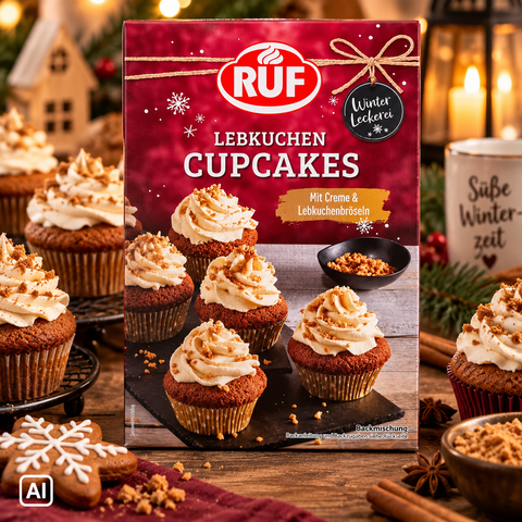 Rote ruf lebkuchen cupcakes backmischung 350g mit festlichem design und lebkuchen cupcakes mit sahne und streuseln