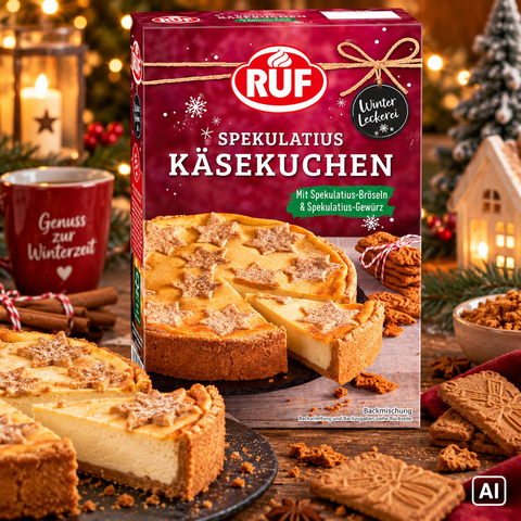 Ruf spekulatius käsekuchen backmischung in rotem festlichem karton mit schneeflocken und schleifen akzenten