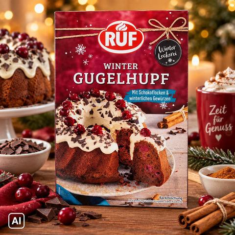 Rote ruf winter gugelhupf backmischung 350 g mit festlichem design und schokoladen-cranberry dekoriertem kuchen