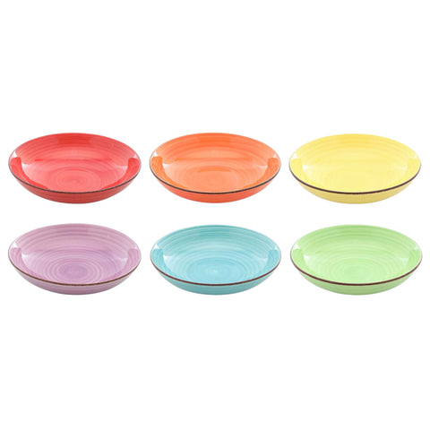 Set aus sechs bunten keramikschalen schale 23x6cm mit glänzendem finish und konzentrischem ringdesign