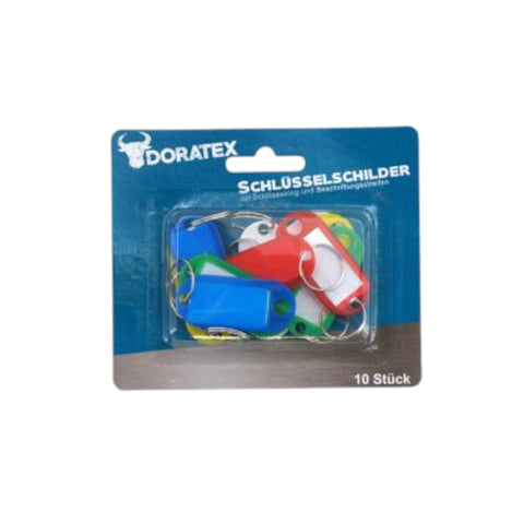 Ein 10er pack schlüssel schilder aus buntem kunststoff in rot blau grün und gelb mit metallringen