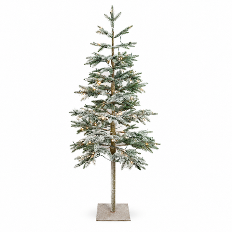 Baum mit led künstlicher weihnachtsbaum mit frostigem weiß und warmweißen led-lichtern auf rustikalem holzstamm
