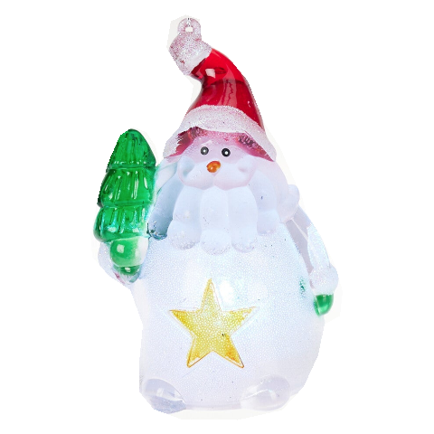 Transluzenter weißer schneemann mit led 10cm mit rotem silbernem weihnachtshut und grünem weihnachtsbaum