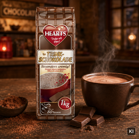 Ein 1kg paket hearts trinkschokolade mit herzförmigem logo und deutschem text auf transparenter verpackung
