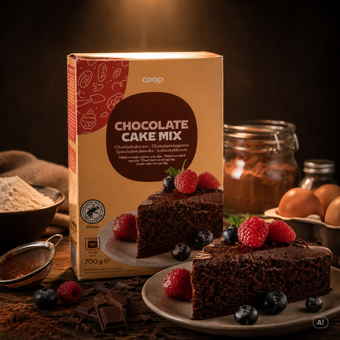 Coop schokoladen kuchen 700g backmischung in beige roter kartonverpackung mit bild eines stücks mit himbeeren und blaubeeren