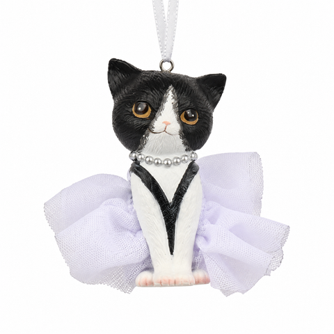 Black and white katzenanhänger 4.3x5x9cm mit lavendelfarbenem tutu und perlenkette