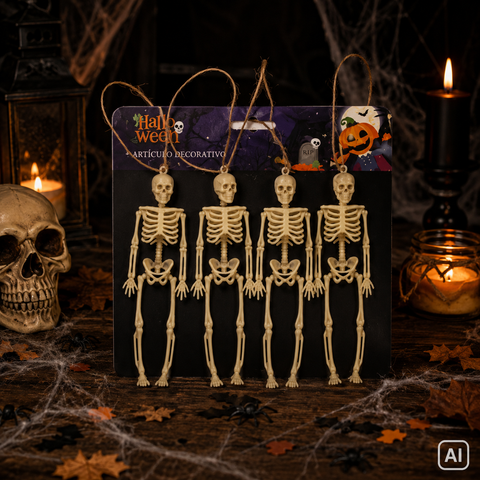 Vier beige plastik skelettornamente mit aufhängehänger verpackt auf halloween-karten für dekoration