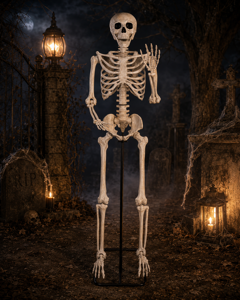 Weiße kunststoff skelett dekoration skelett XXL 213 cm stehend auf schwarzem metallständer mit winkender hand