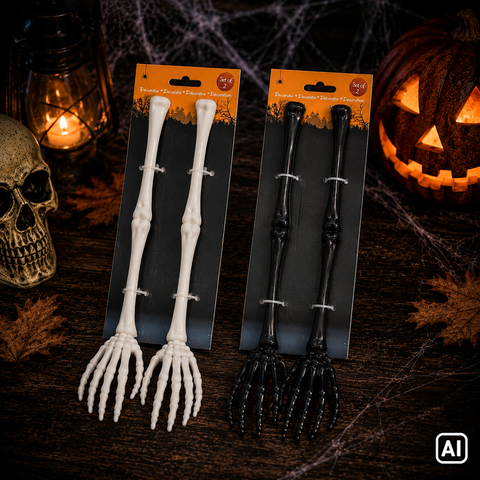 Weiß und schwarze plastik skelett hand utensilien im 2er set verpackt für kreatives besteck skelettarme 2er set
