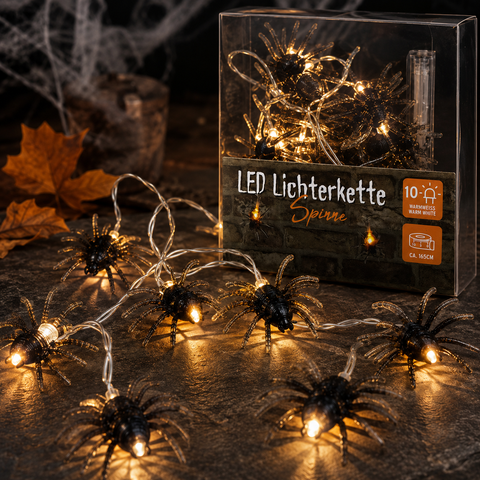 Led-lichterkette spinne mit schwarzen spinnenförmigen led und warmweißen leuchtmitteln im transparenten verpackungskarton