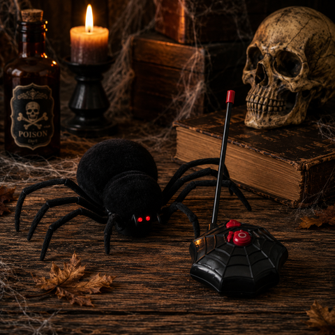Schwarze plüschspinne mit leuchtend roten augen und fernbedienung mit webdesign 20x12x6 cm