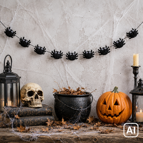 Schwarze spinnengirlande 150 cm mit wackelaugen über halloween-dekoration hängend