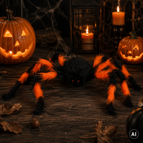 A plush schwarze und orange halloween spinne mit leuchtend roten augen 75 cm groß