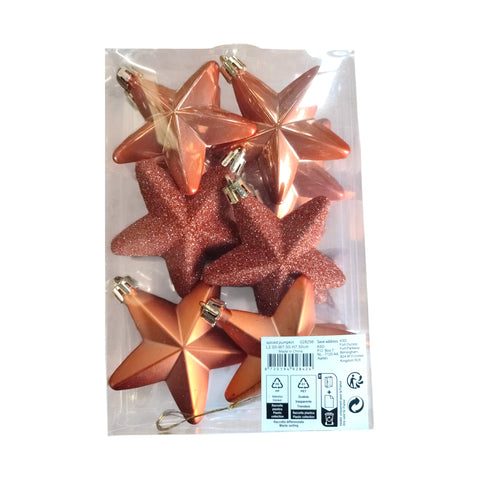 Stern bruchfest mix set aus fünf metallischen rosegold und glitzernden kupfer sternförmigen weihnachtsornamenten im klaren kunststoffpaket