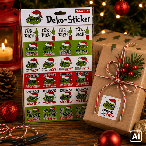 Ein 24er set grinch-aufkleber mit weihnachtsmütze und humorvollen deutschen sprüchen für die weihnachtszeit