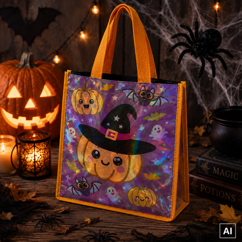 Vibrante halloween tasche kürbis 36x30 cm mit fröhlichem kürbis, hexenhut und halloween-motiven auf holografischem lila grund