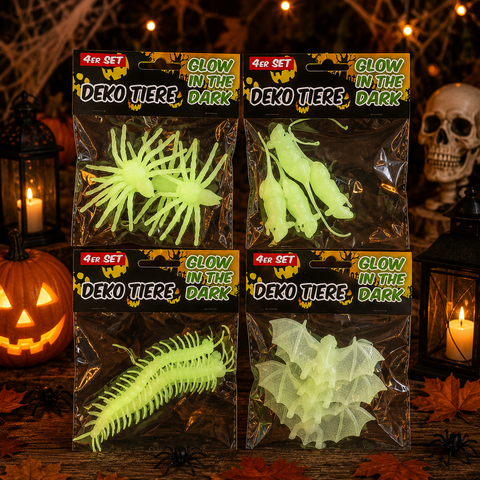 Set aus vier neon grünen halloween leuchtenden plastik dekotieren tiere glow in the dark 4er set