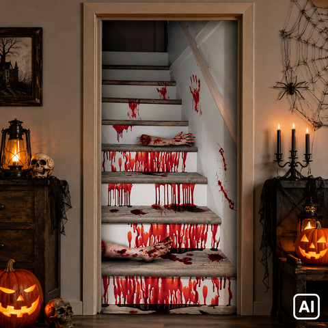 Spukiger türvorhang blut mit realistischen blutspuren und zwei abgetrennten armen für halloween dekoration