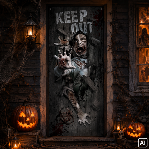 Türvorhang zombie attacke 80x180 cm mit dunkelholzoptik und blutigen zombie-händen sowie keep out schrift