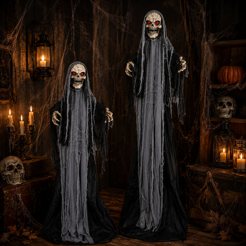 Zwei halloween-geisterfiguren wachsender reaper 180-240 cm mit leuchtend roten augen und zerrissenen schwarzen und grauen stoffgewändern