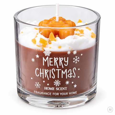 Duftkerze glas 75mm mit schokoladenfarbener wachskerze und weißer merry christmas schrift sowie schneeflockendesign