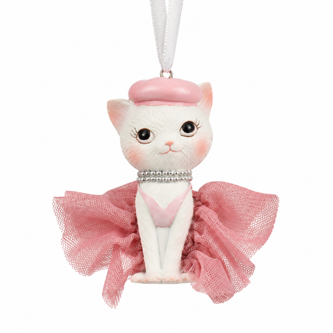 Ein weißer keramik katzenanhänger 4.3x5x9cm mit rosa ballerina tutu, barett und silberner perlenkette