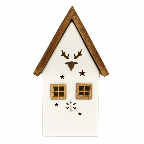 LED Dekohaus Porzellan LED Holzdach 20.5 cm