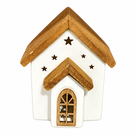 LED Dekohaus Porzellan mit Holzdach 10.8 cm