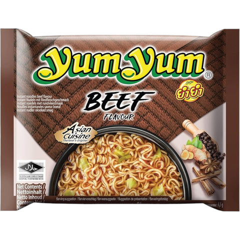 Braune verpackte yum yum rind instant nudeln 60g mit bild von gekochten nudeln in einer schüssel