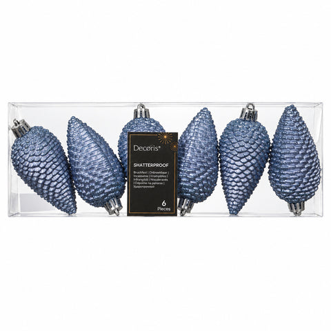 Set aus sechs bruchfesten blau glitzernden zapfen weihnachtskugeln 4,5x8 cm im transparenten paket