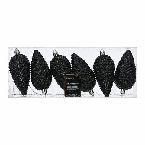 Bruchfeste schwarze zapfen weihnachtskugeln mit glitzer 6er set 4,5x8 cm in transparenter plastikverpackung