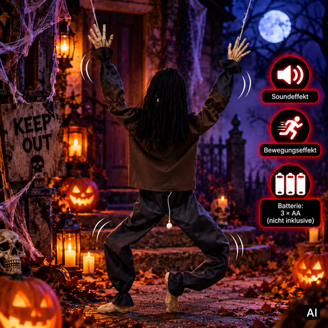 Spooky halloween kostüm zappelnder mann mit schwarzen und braunen stoffarmen in dramatischer pose