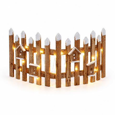 Led zaun mit häusern 76x30 cm aus holz mit schneebedeckten spitzen und warmen led-lichtern