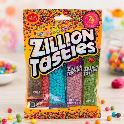 Ein lebhaftes paket zillion tasties 105g mit orangen und gelben farbtönen und bunten fruchtgummis wie cola und apfel