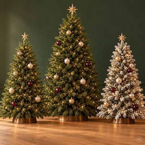 Drei Weihnachtsbäume, einer mit natürlichen grünen Nadeln und warmen Lichtern, ein anderer weiß bereift mit goldenen Akzenten, beide geschmückt mit metallischen Ornamenten und gekrönt mit Sternaufsätzen.